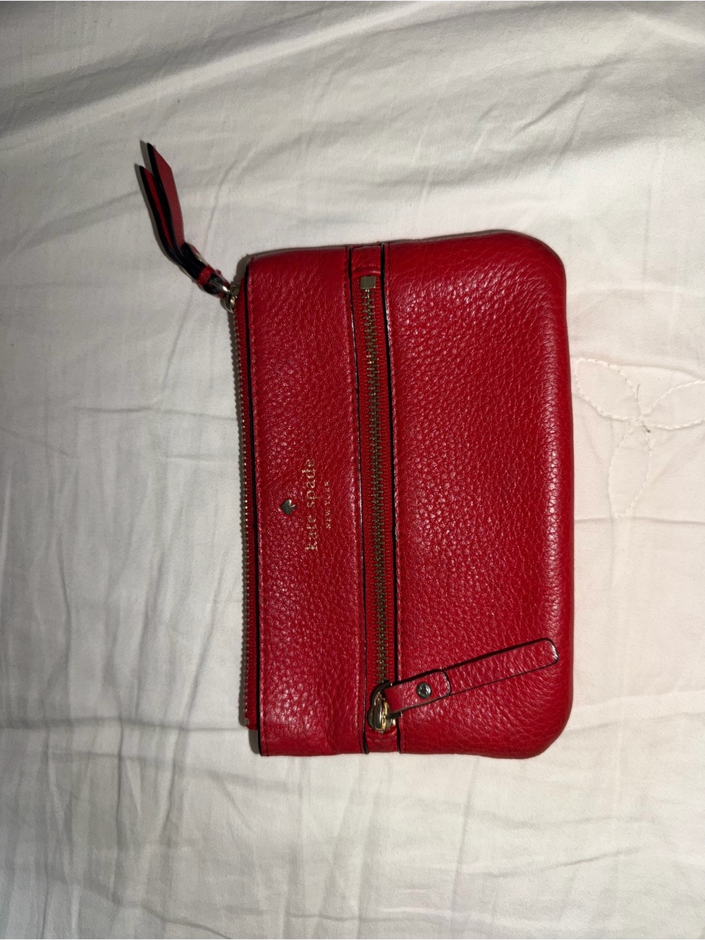 kate spade Red Pebbled Leather Zip-Around Wallet with Front Zip Pocket